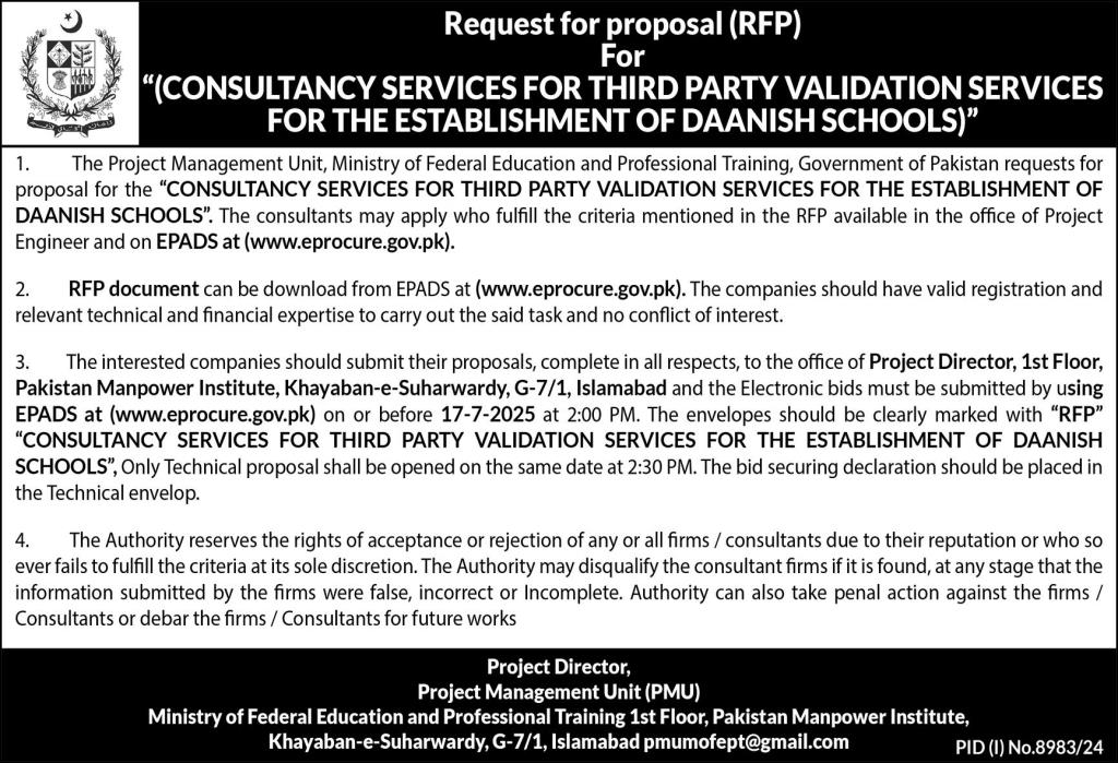 Ministry of Federal Education & Professional Training Islamabad Tender Notice